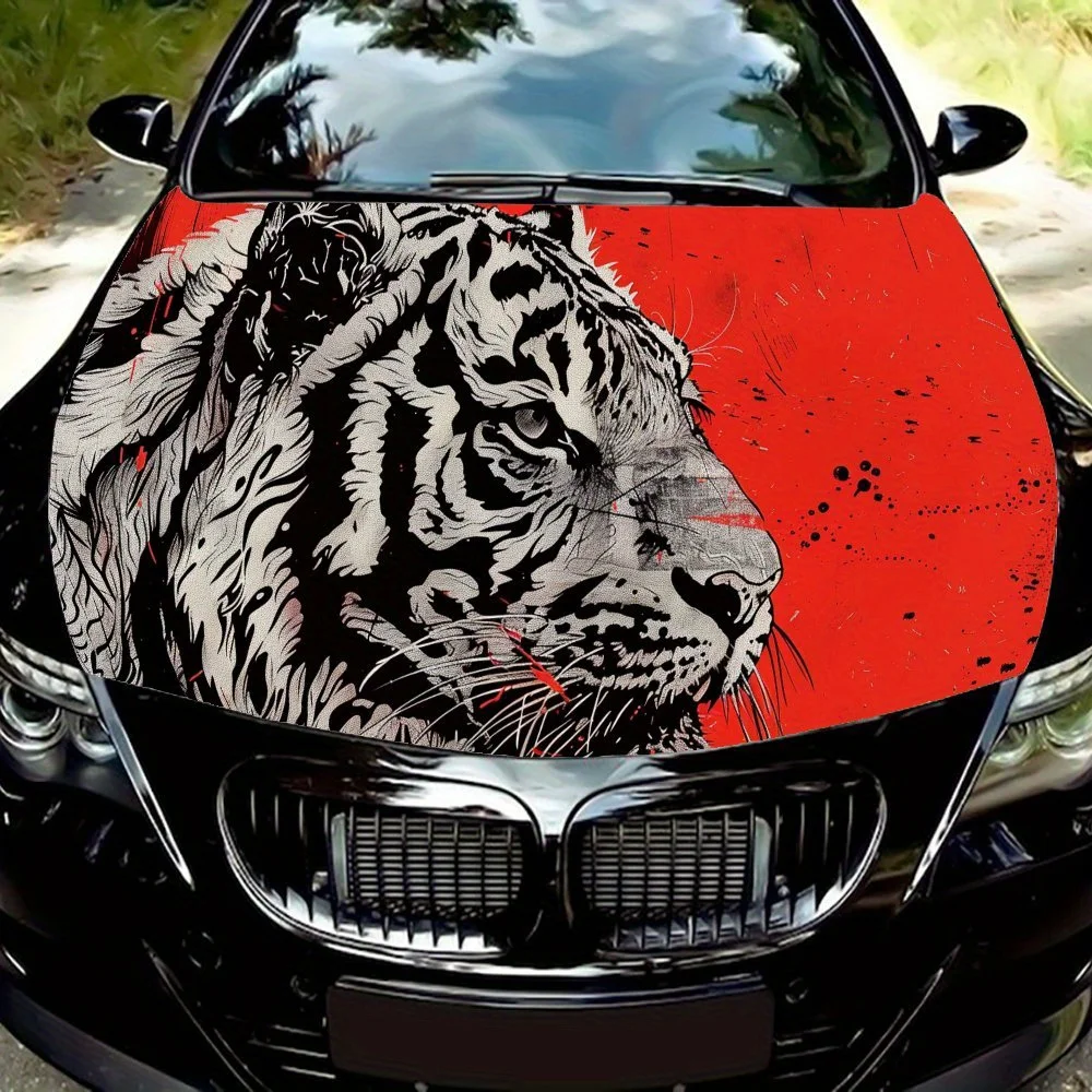 

Striking Tiger Animal Print Car Hood Vinyl Wraps Sticker, Car Engine Decal, Waterproof Self-adhesive Car Packaging Cover, Univer