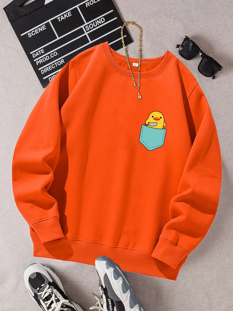 Kawaii The Duck In The Pocket Print Sweatshirt Mens Simple Casual Clothes Autumn Warm Loose Tracksuit Fleece Basic Sportswears