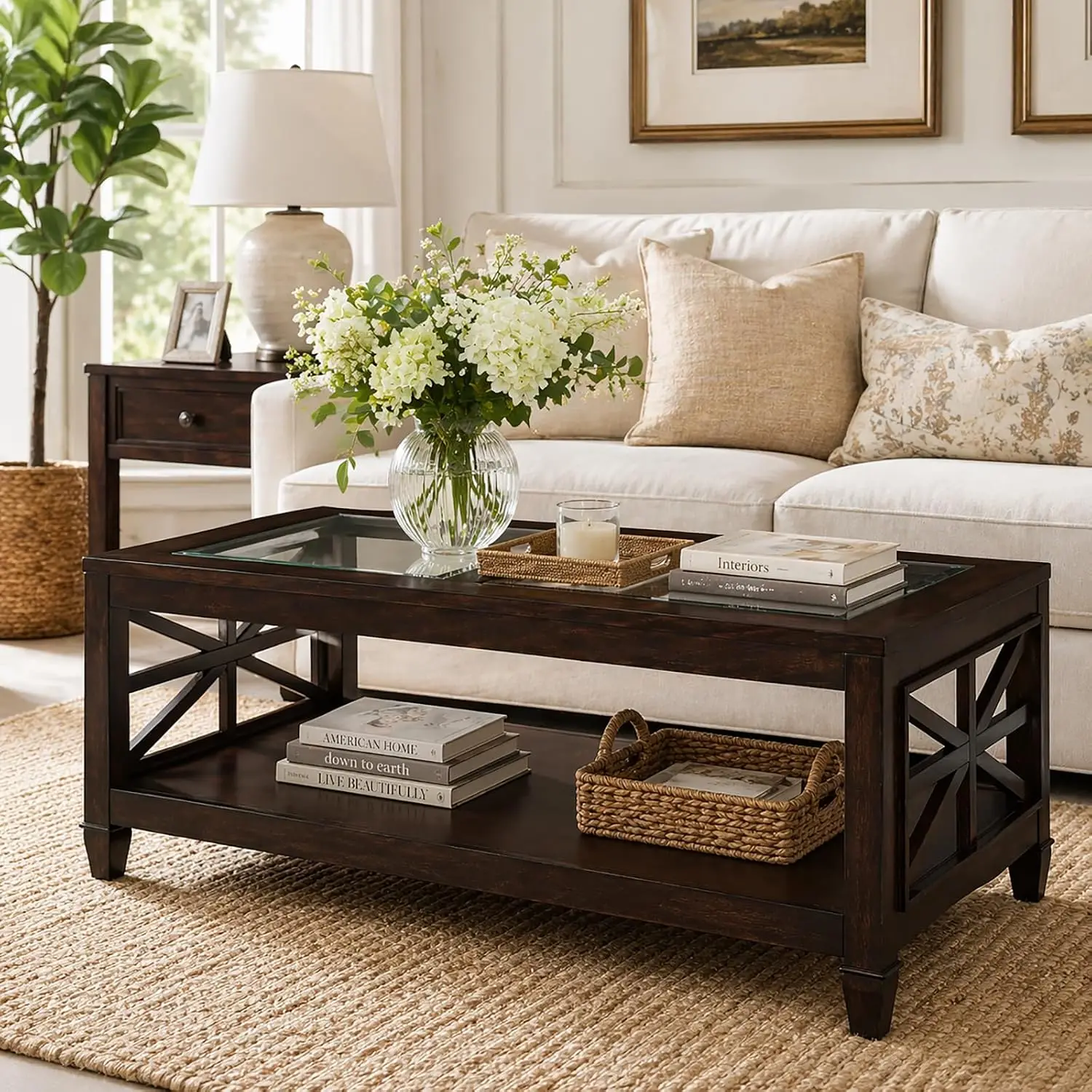 Solid Wood Coffee Table Tempered Glass Top Vintage Walnut Finish Living Room Furniture, Customized