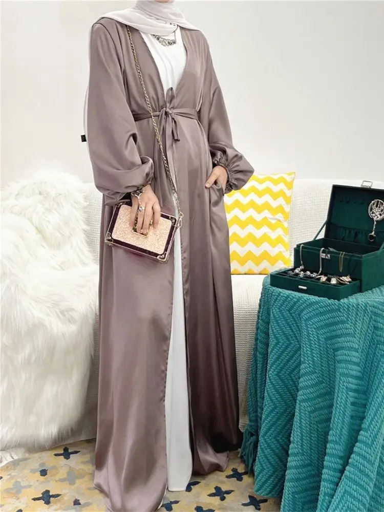 Eid Dubai satynowe kimono Abaya luksusowe Kaftan muzułmańskie arabskie abaje dla kobiet sukienki szata Femme Musulmane kaftan islamska odzież