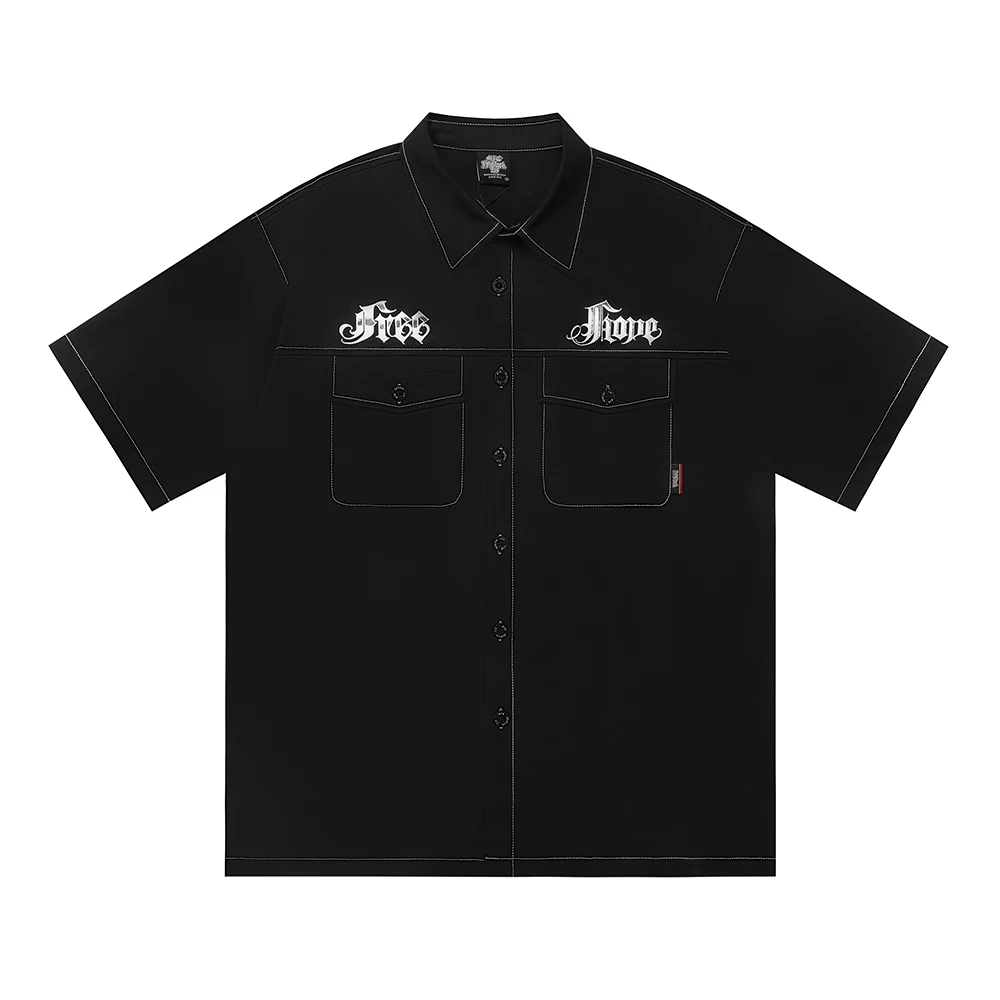Flower Font Crying and Laughing Clown Mask Embroidered Loose Workwear Shirt for Men Short Sleeve Pockets Baggy Top Tees