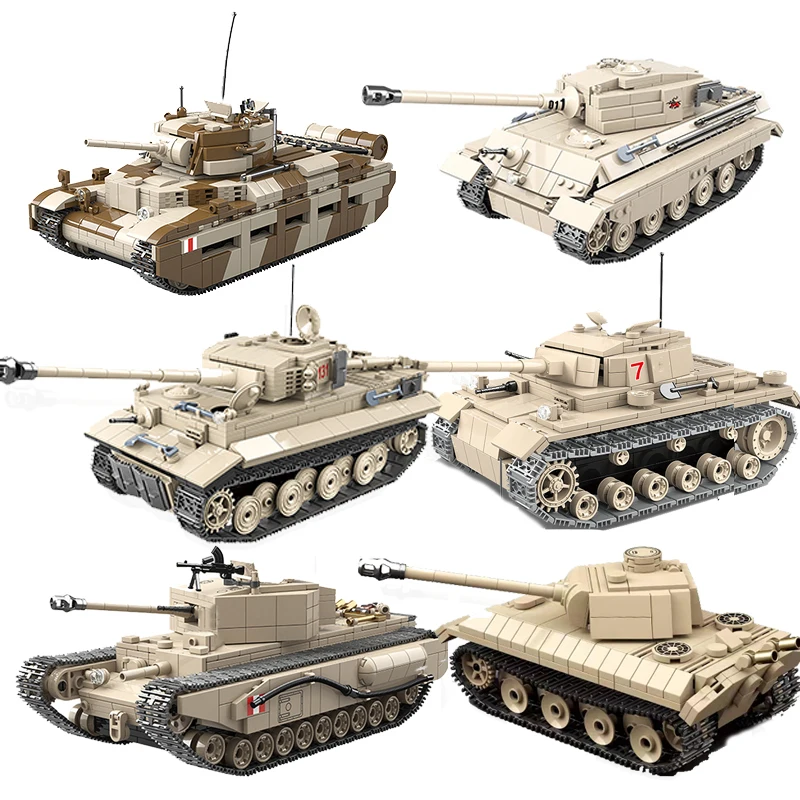 Military World War II Weapons Tiger Heavy Panther Leopard Medium Churchill Tank Building Blocks WW2 Army City Bricks Kids Toys