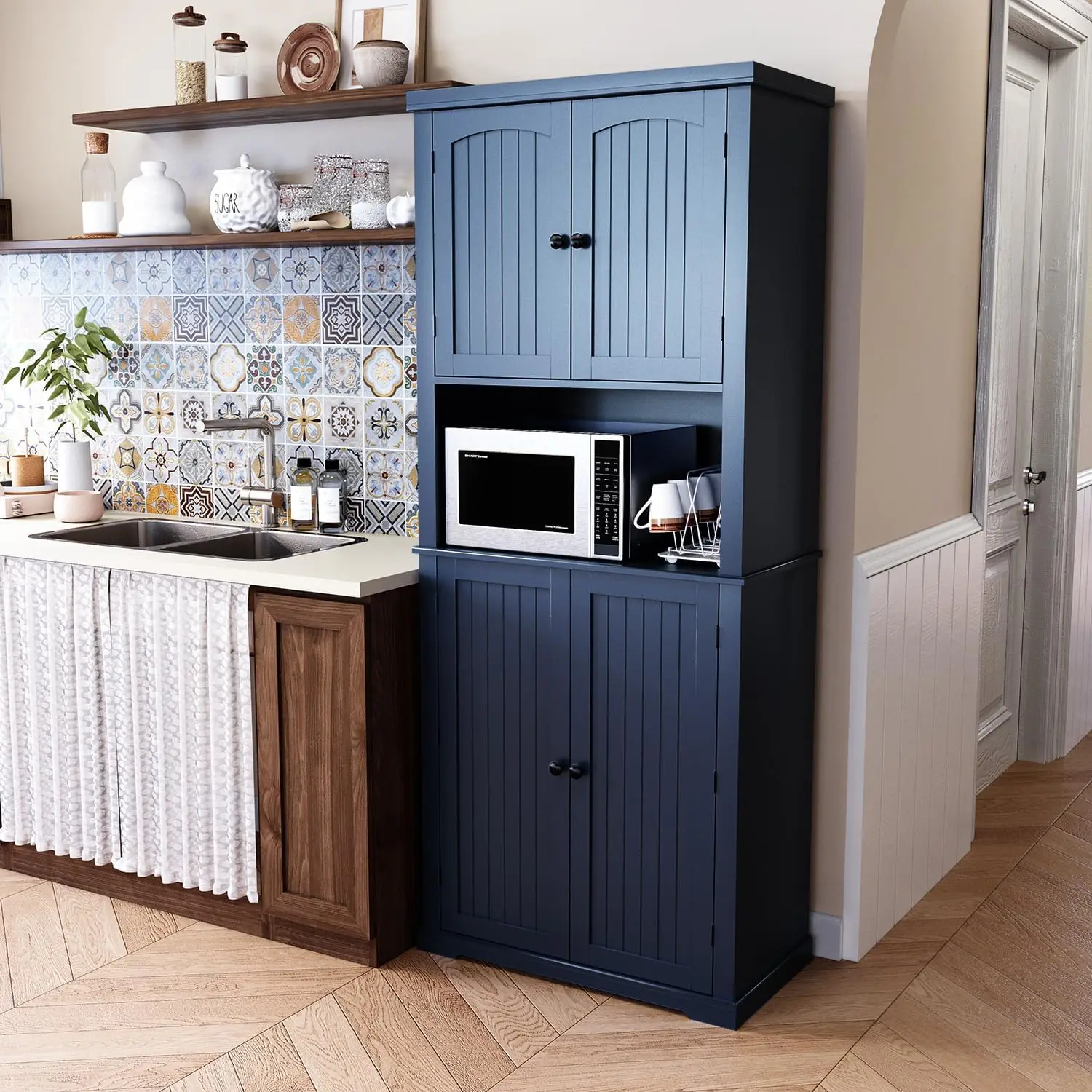 Hlr 72"" Kitchen Pantry Storage Cabinet, Freestanding Larder Cupboard, Kitchen Hutch Cabinet With Microwave Stand,Utility