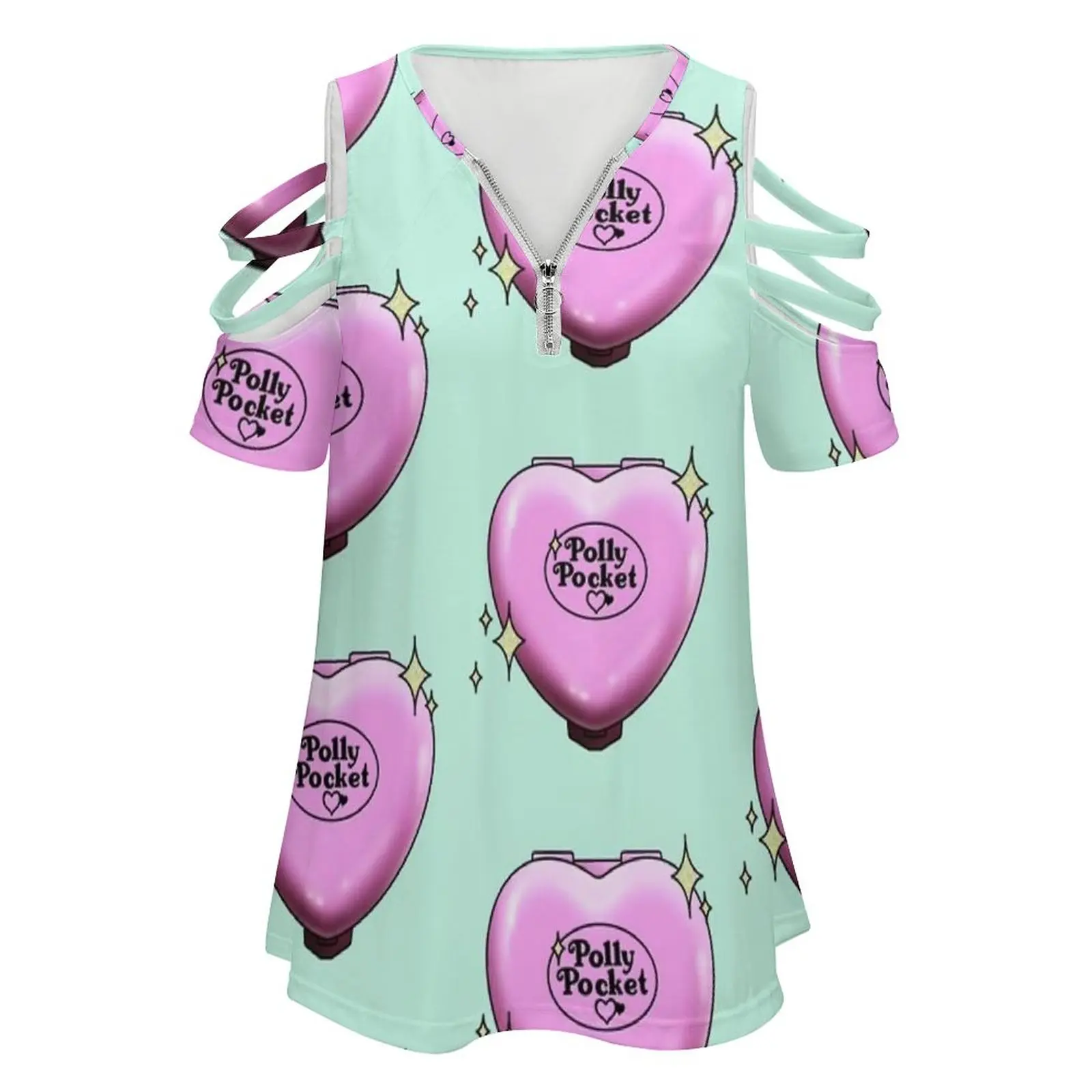 Polly Pocket New Fashion Zip Off Shoulder Top Short-Sleeve Women Shirt Polly Pocket 90S Nineties Pink Cute Heart Nostalgia