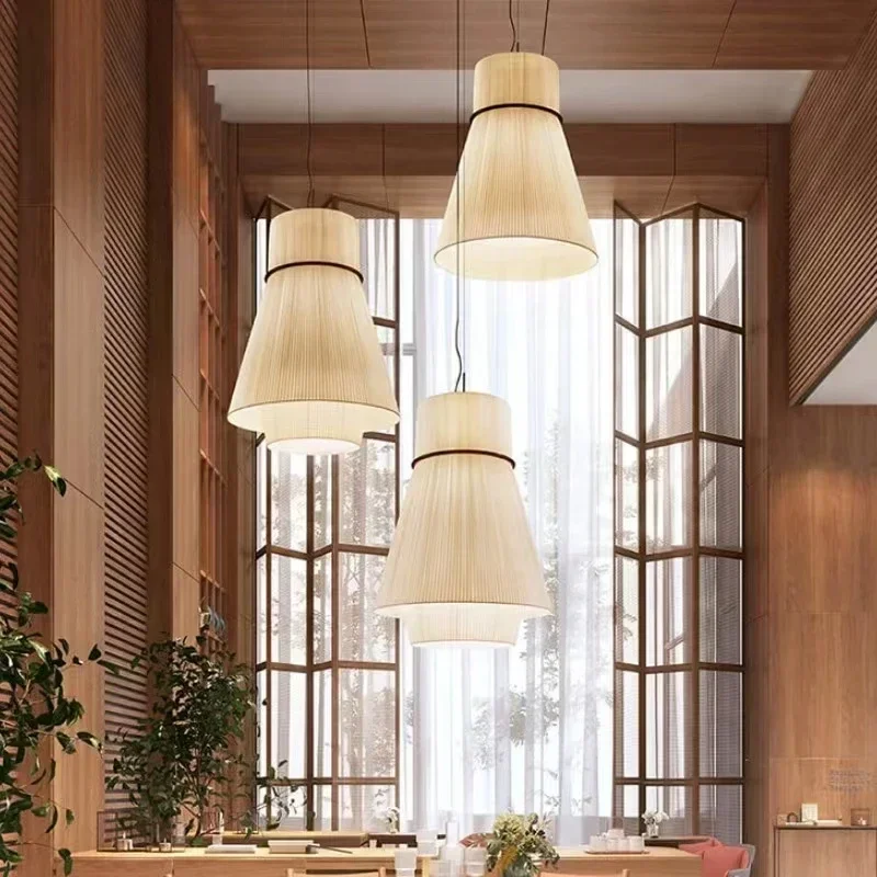 Nordic Wooden Barrel Design Cloth Led Pendant Lights for Living Dining Room Bar Counter Hallway Chandelier Home Simple Fixture