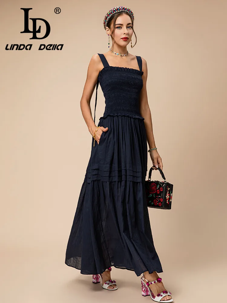 LD LINDA DELLA Summer Runway Fashion Vintage Dress Women's Suspender Tube top  Elastic Waist Splice Draped Travel Long Dress image 4