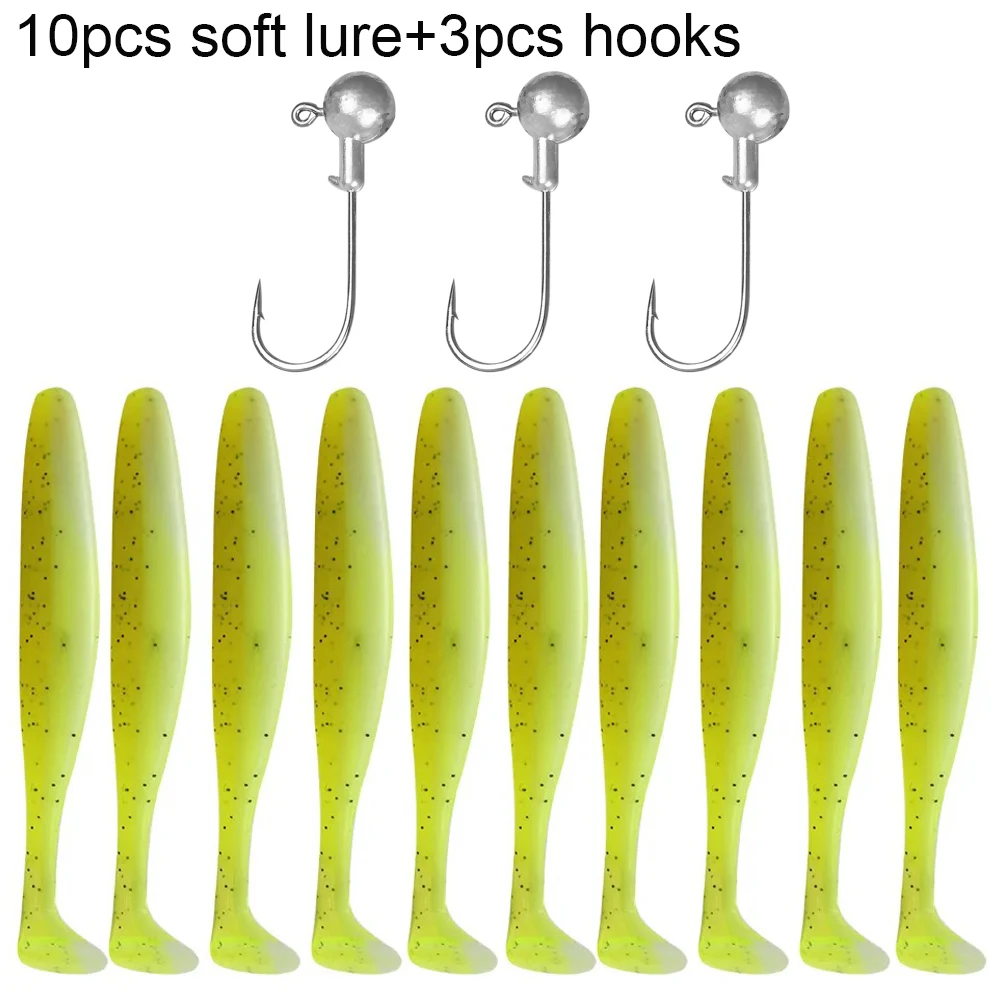 10 STKS Zachte Lokken 5.5 cm 7 cm 10 cm T Staart Worm 3 STKS Jigging Hoofd Haak 3g 5g 10g Metalen Jig Karpervissen Pesca Swimbait Gear Kit Aas