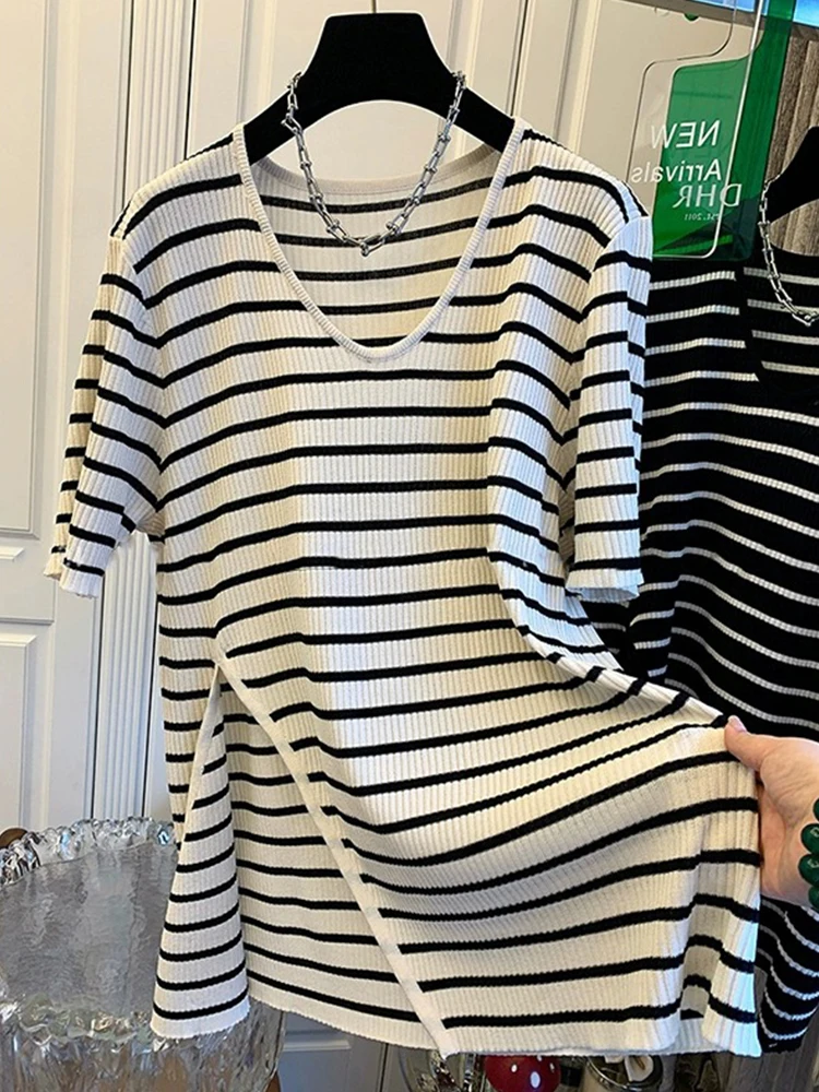 Summer Loose Casual Versatile Short Sleeve Knitted Shirt Color Block Striped Design Women's Top Comfortable Breathable Fashio...