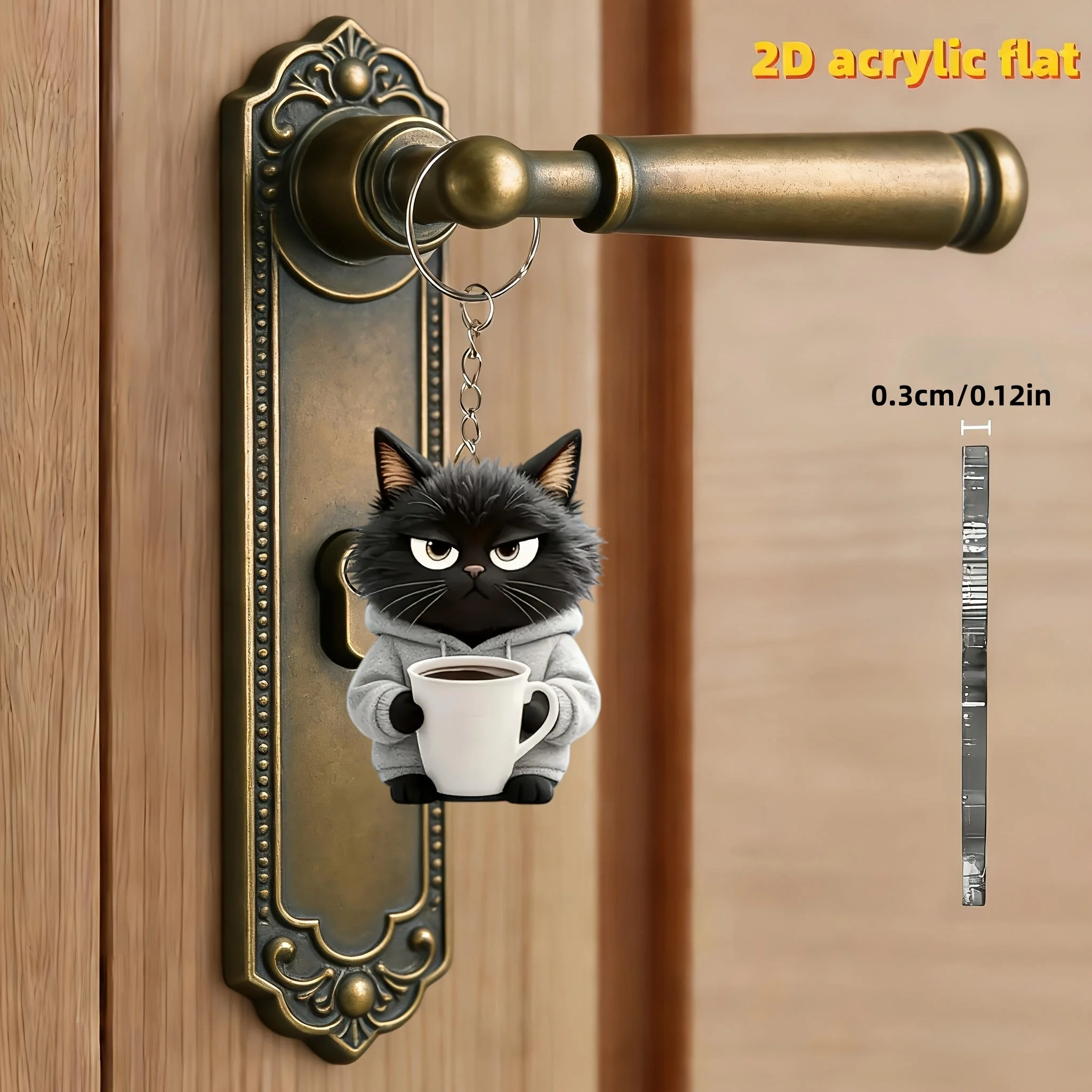 6/4 Piece Set of 2D Flat Black Cat Acrylic Pendants Wearing a Gray Hoodie and Holding a Coffee Cup |   Acrylic Keychain with Alloy Chain, Phone Pendant, Backpack Charm, Key Pendant, Car Charm, Home Decor Charm, Holiday Gift, Gift for Loved Ones and Friends, Acrylic Keychain, Halloween and Christmas Gifts.