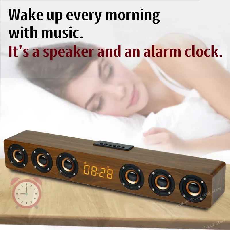Holz 6 Horn Sound bar Lautsprecher Musik Akustik system 24w Hifi Stereo Musik Surround LED Uhr Display Outdoor Bluetooth Lautsprecher