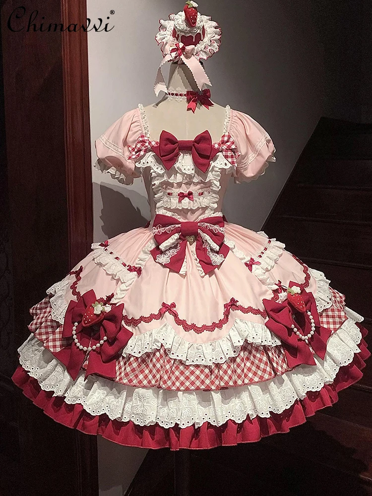 Robe de princesse OP pour filles, magnifique robe de princesse fraise, mignonne, manches courtes, taille haute, élégante, gâteau, robe Lolita pour femmes