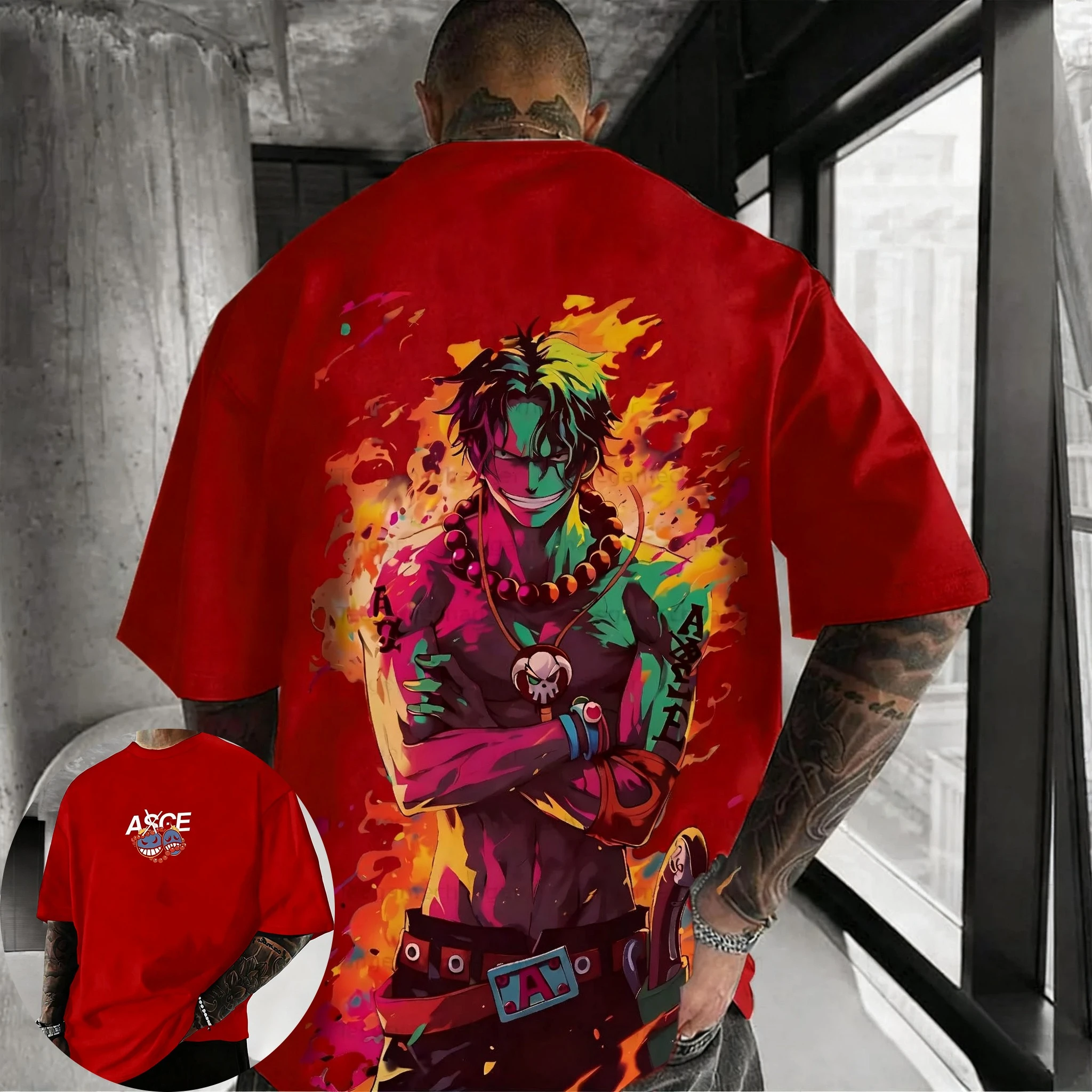 ONE PIECE Anime Ace T-shirt stampata a colori 2025 Estate da uomo Nuovo giapponese Harajuku Trendy Versatile Allentato Casual Top a maniche corte