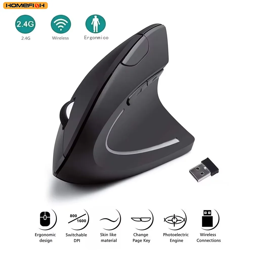HOMEFISH Vertical Mouse - A Ergonomic 2.4GHz Wireless Optical Mouse with 3 Adjustable DPI Buttons for Laptop and Desktop Use
