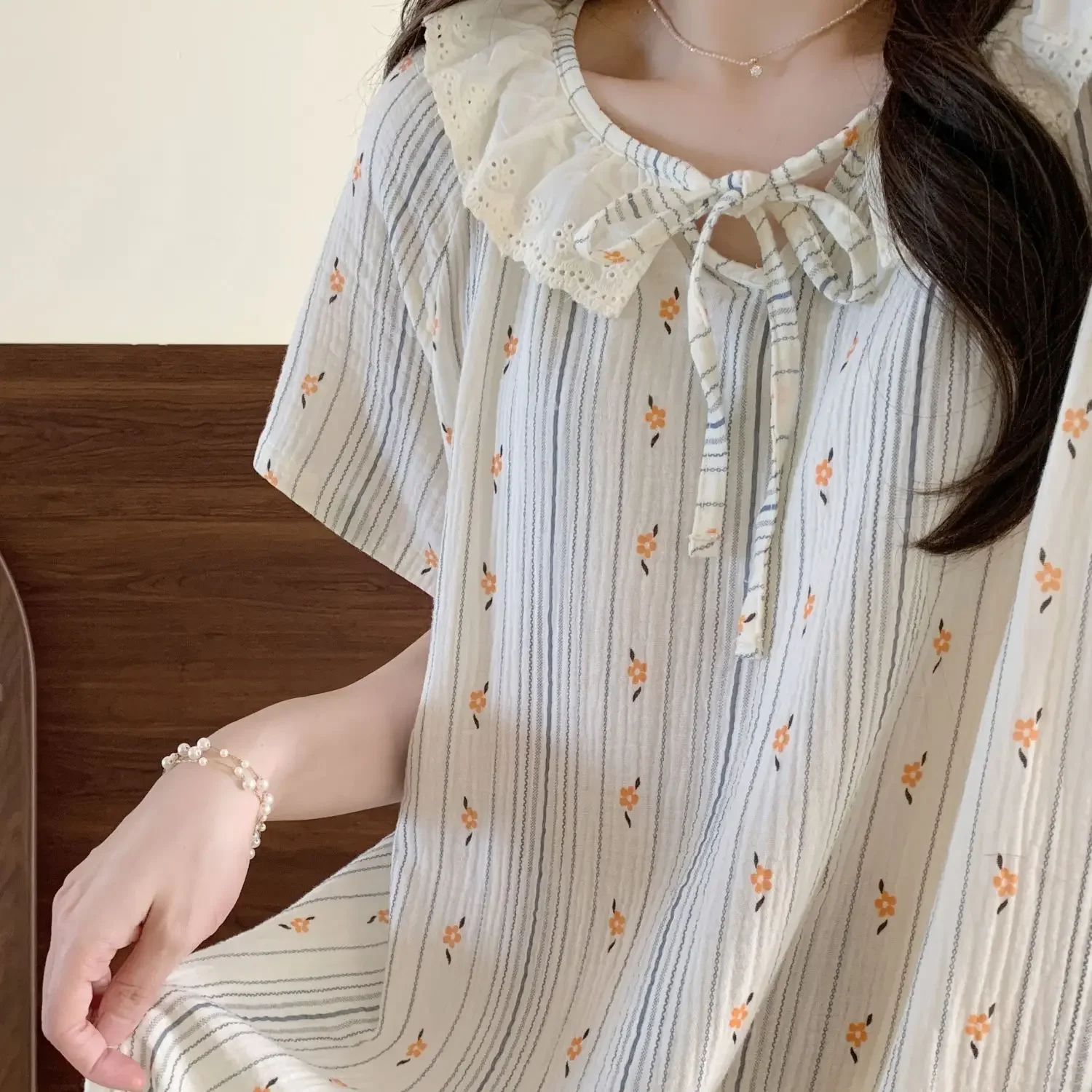 Floral Striped Sleepwear Womens Korean Style NightgownOne Piece Pajama Summer  Lace Short Sleeve Night Dress Home Wear 2024 New