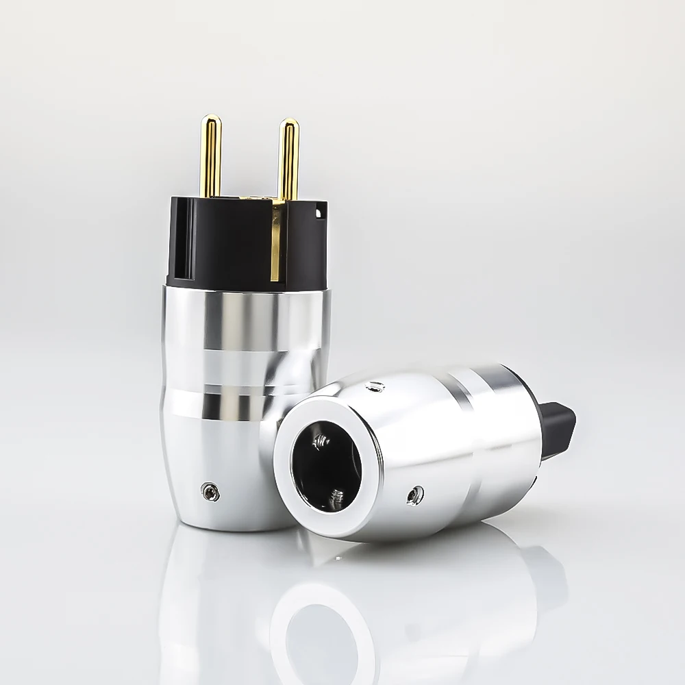 High Quality Pair Hi-end Silver Aluminium Gold Plated Hifi IEC Female Connector EU Schuko Power Plug for DIY Hifi Power Cable