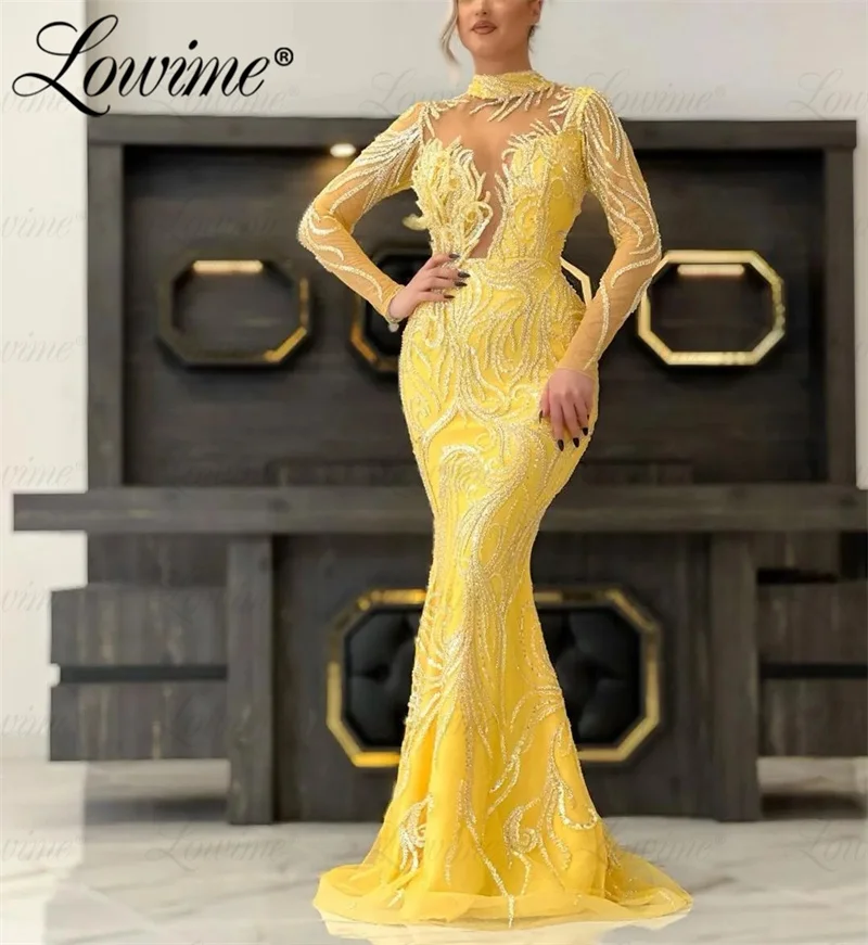 Vestido de manga comprida com lantejoulas, Vestido amarelo, Vestido de festa, Vestidos de baile, Custom Made, Árabe, Dubai, Formal Wear