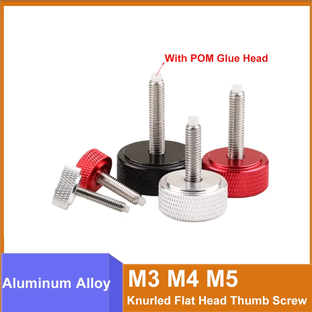 1pc Aluminum Thumb Screw M3 M4 M5 Aluminum Alloy Knurled Flat Head+Stainless Steel Thread With POM Buffer Glue Hand Tighten Bolt