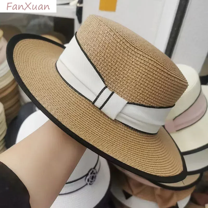 

elegant Summer Hat for Women Wide Brim Chapeau Female Boater Black White Panama Beach Hat Sombrero Summer Cap