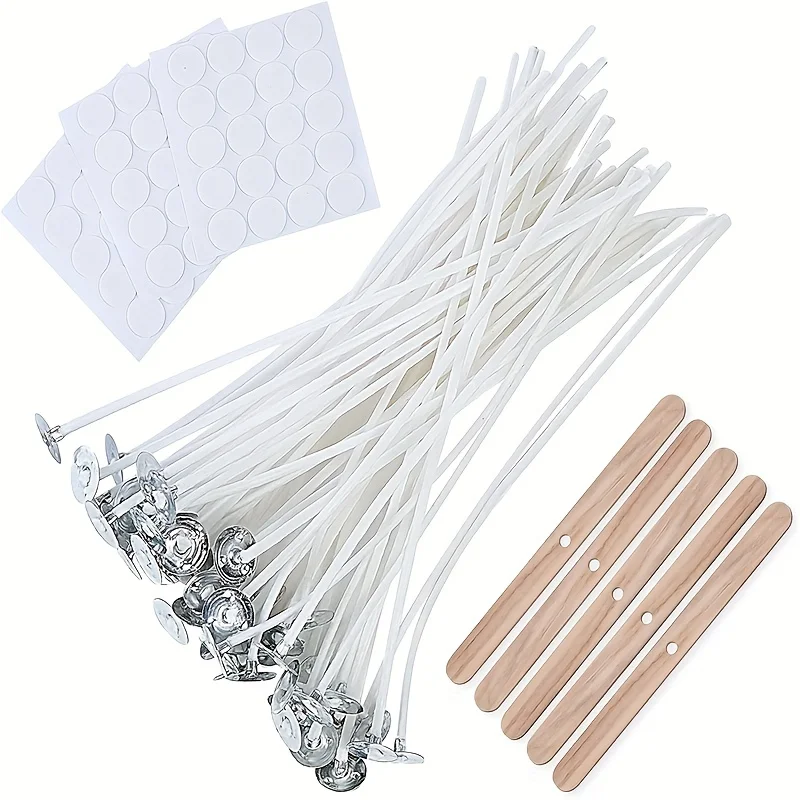 100 Pcs Premium Pre-Waxed Cotton Candle Wicks Kit Includes 5 Reusable Wick Holders and 60 Glue Dots for Adults