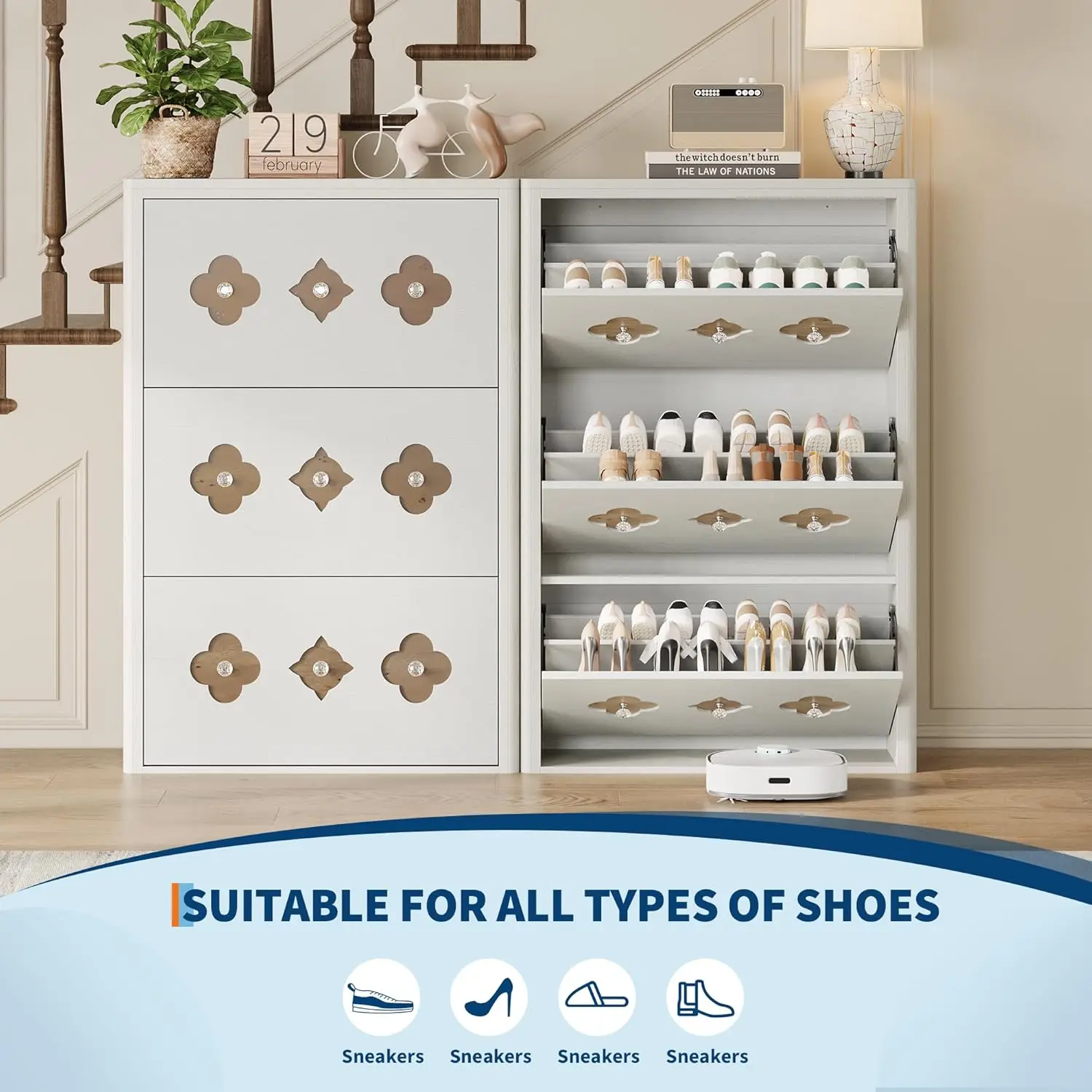 Shoe Cabinet with 3 Flip Drawers, Freestanding Slim Shoe Organizer Cabinet with Hollow-Out Flower Pattern & Diamond, Customized