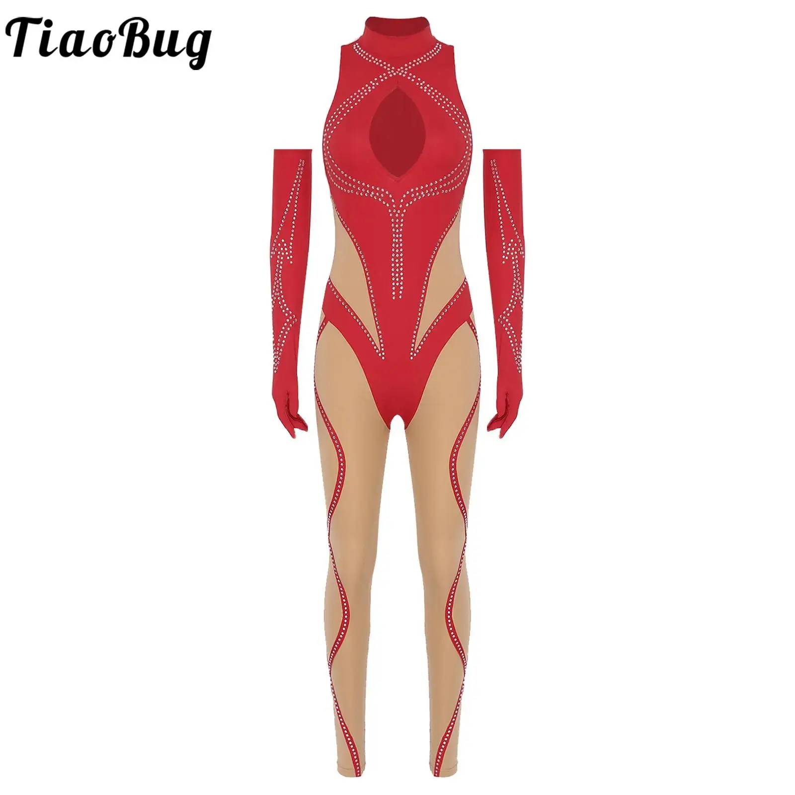 

Women Leotards Dance Ballet Gymnastics Jumpsuit with Gloves Set Sleeveless Contrast Color Glittery Rompers for Figure Skating