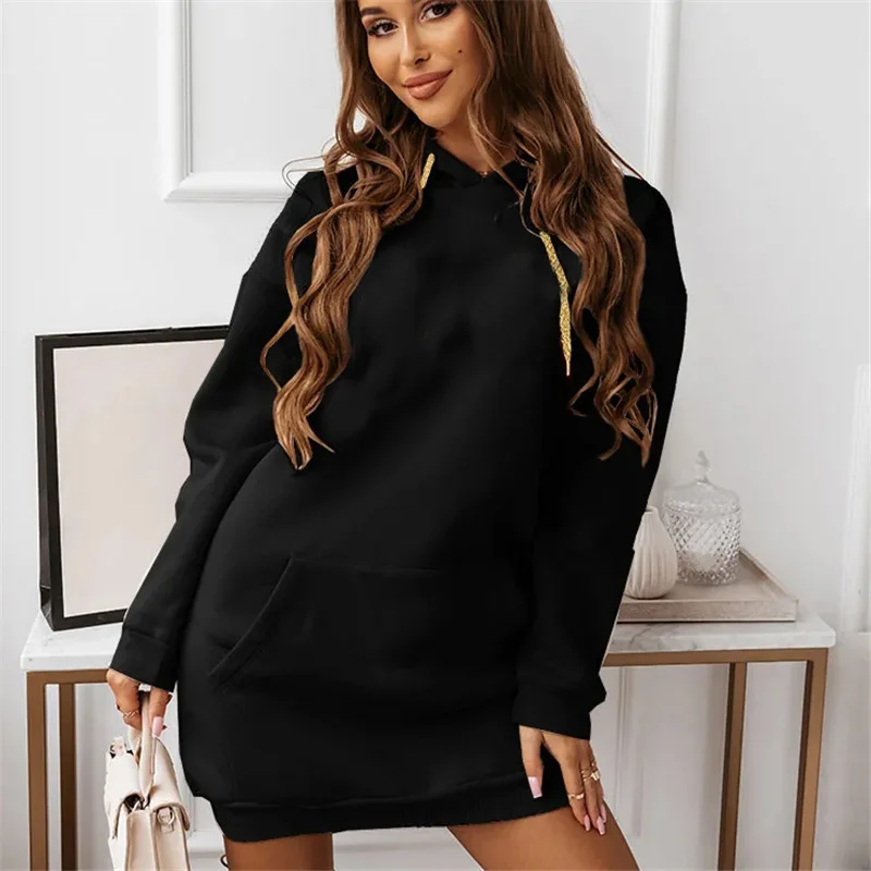 Woman Hoodies Sweatshirts Dress  Long Sleeve Trendy Pull Over Women Hoodie Dress Solid Color Casual Loose Pullover Hoodie