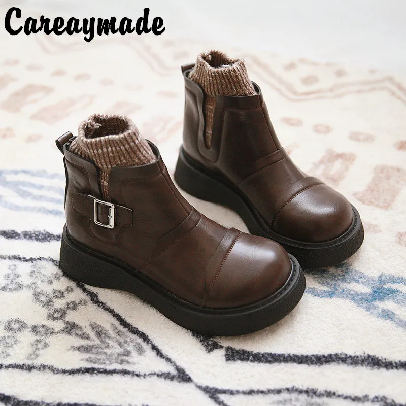 Careaymade-usta z wełny buty Casual pasek damski klamra Chelsea boots damskie krótkie buty zimowe buty ocieplane muffin buty damskie