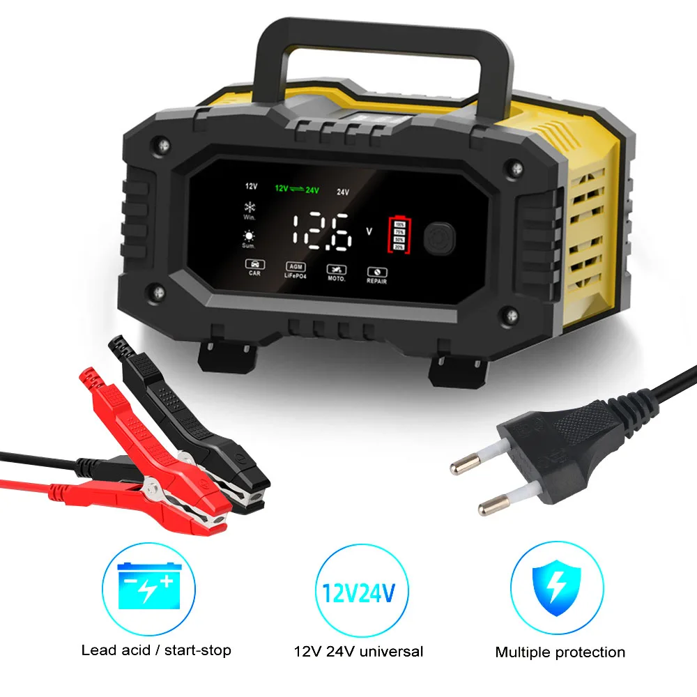 Ręczna ładowarka 12V-24V do akumulatorów AGM GEL SLA LiFePO4 Smart Battey 7-stopniowa ładowarka samochodowa do akumulatorów motocyklowych