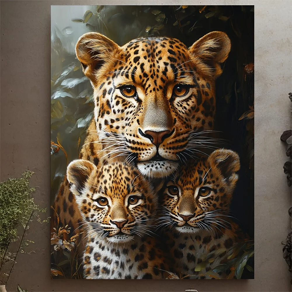 (No frame)1pc 12x16 Inch Majestic Leopard Family Canvas Print Wall Art - 2D Flat Framed Wildlife Art with Recycled Wood Frame