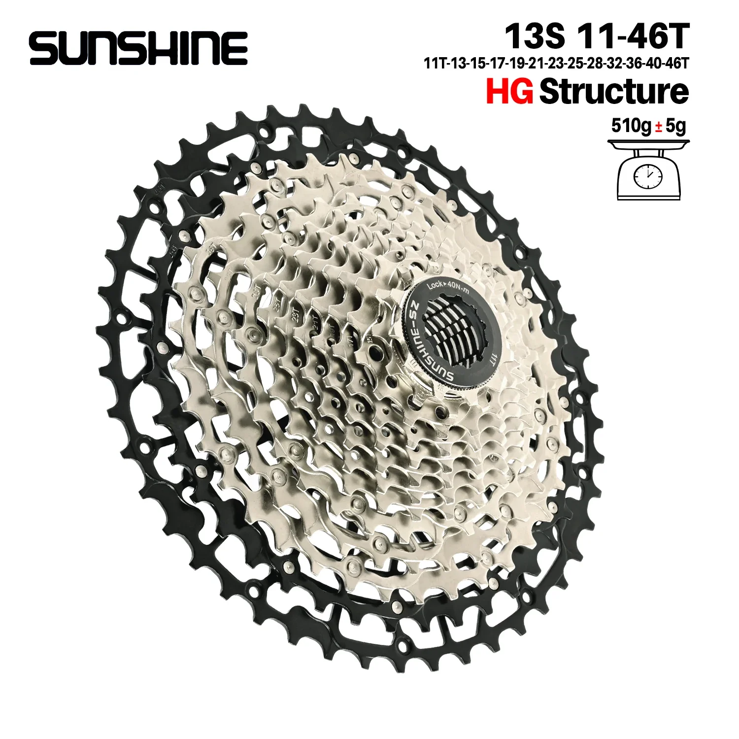SUNSHINE Ultraleichtes Fahrradkassetten-Freilauf, Kohlenstoffstahl, Material 9/10/11/12/13 Geschwindigkeit, HG-Struktur, Kettenrad für Mountainbike