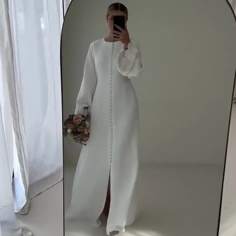 

2025 Autumn New Solid Color Round Neck Fashion Pearl Beaded Flared Sleeve Long Dress