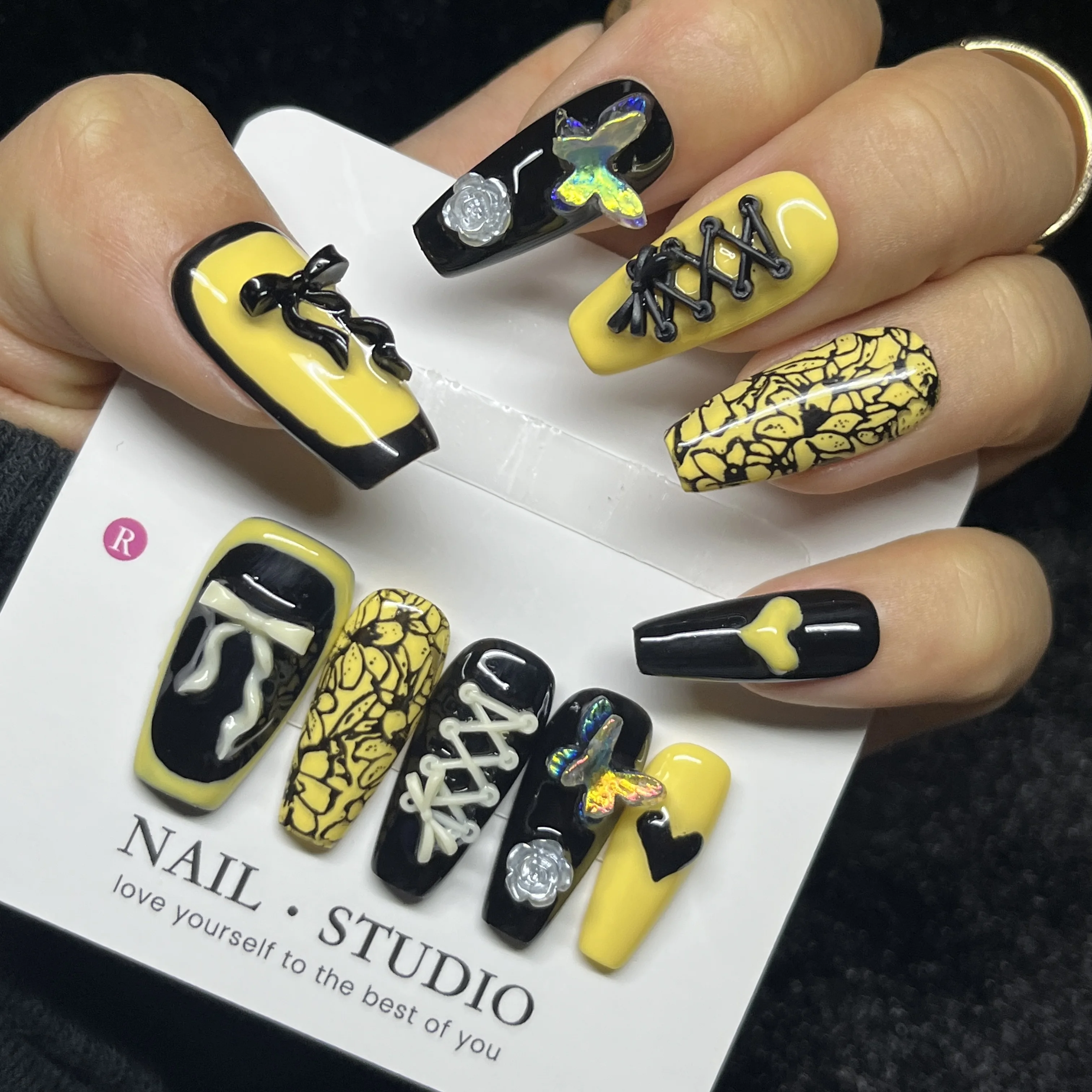 

10PCS Gothic Press on Nails Long Coffin Black Yellow with Bow Lace Up 3D Holographic Butterfly Edgy Cute Handmade False Nails