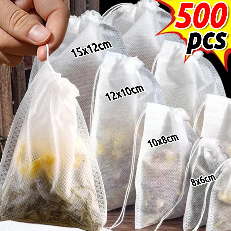 50/500PCS Disposable Tea Bags Paper Pouch Multi-size Sealing Teabags with Drawstring Kitchen Teaware Loose Tea Coffee Filter Bag