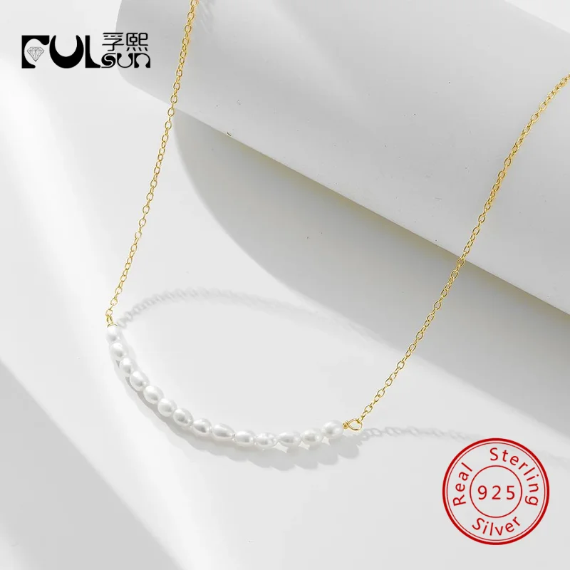 925 Sterling Silver 14K Gold Plated Baroque Rice Pearl Smile Pendant Necklace Women Dainty Curved Minimalist Daily Fine Jewelry