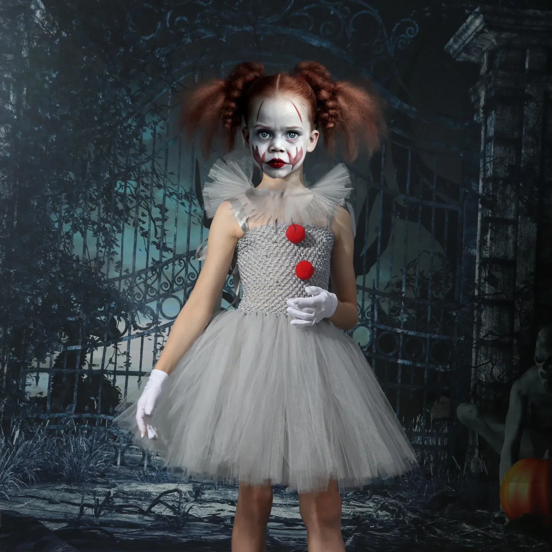 Gruseliger Horror-Clown für Mädchen, ärmelloses Rüschen-Tüllkleid mit komplettem Zubehör, Halloween-Maskerade-Kinder-Cosplay-Party-Outfit – Detail 6