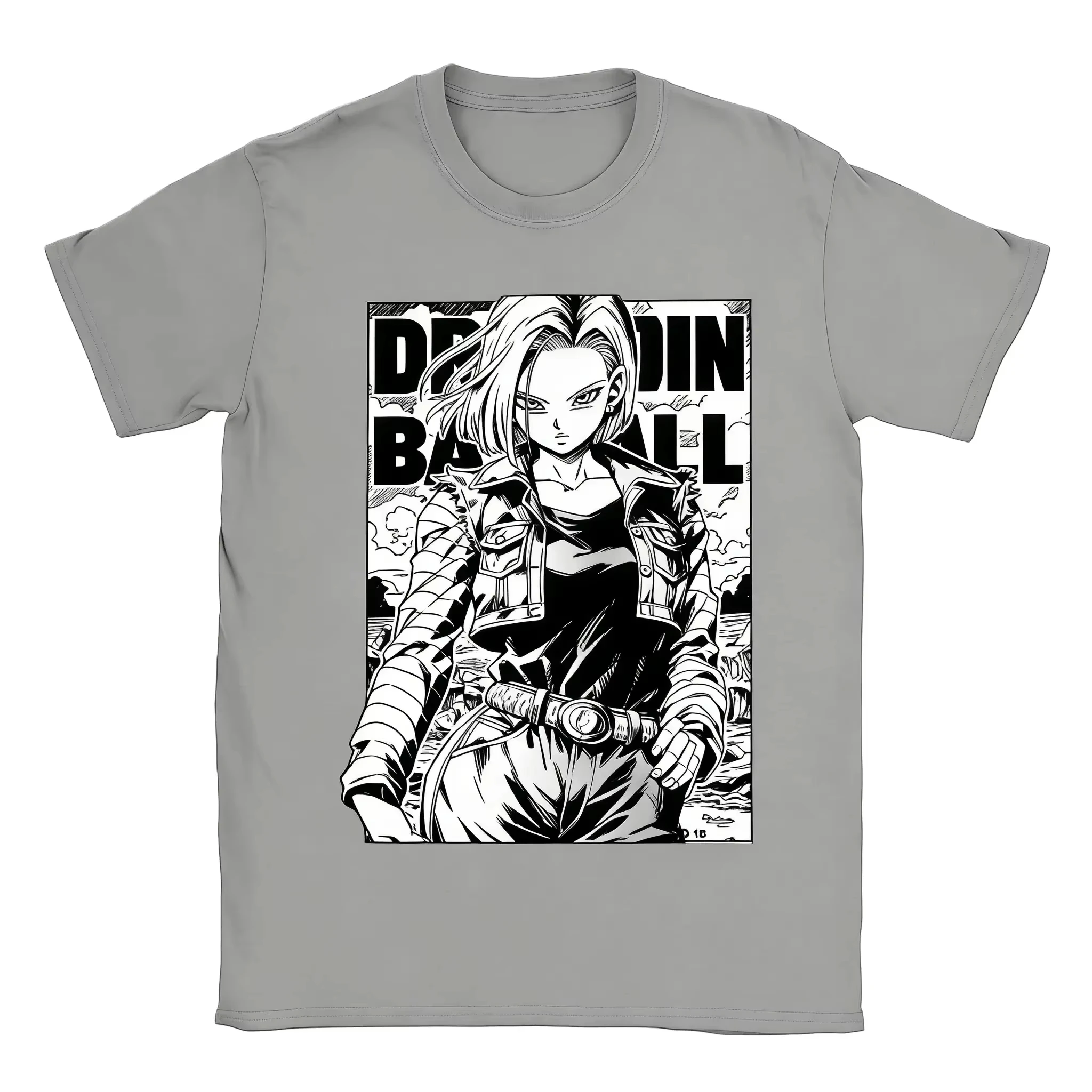 2026 Summer Dragon Ball Android 18 Vintage Anime T-shirt Men's Pure Cotton Washed Tees Casual Loose Sports Daily Short Sleeve