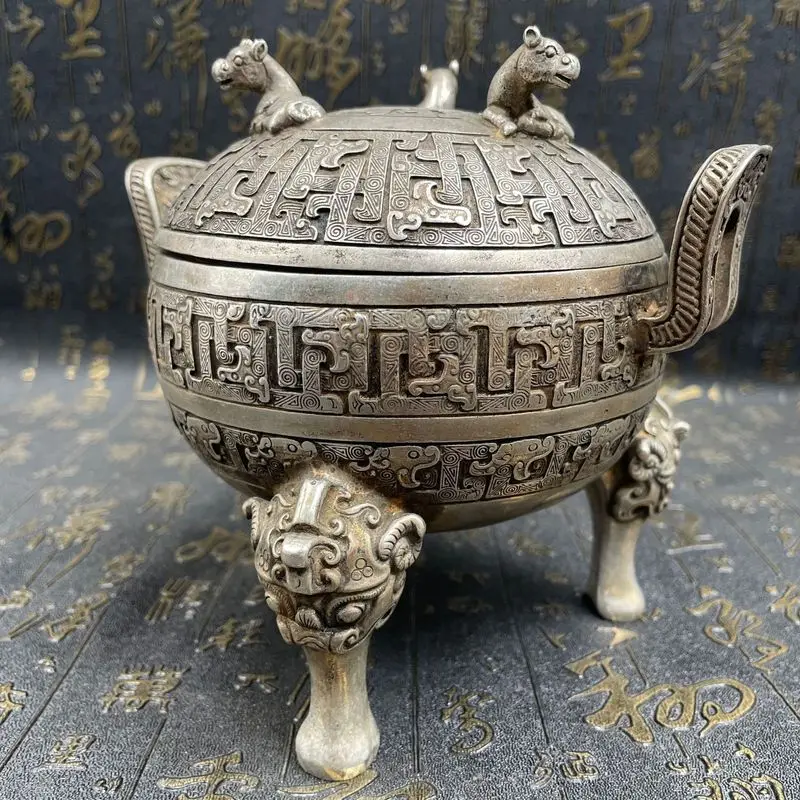 Exquisite Craftsmanship Item: Antique-Style Copper Round Censer with Double Handles and Animal Motifs, Decorative Cra