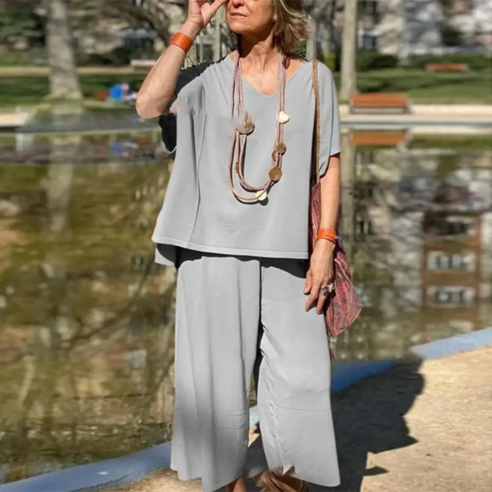 Tee Shirt Wide Leg Pants Set Women's V-neck Tee Shirt Wide Leg Pants Set for Summer Outfit Loose