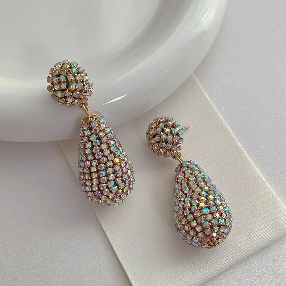 Minar INS Hot AB Color Full Rhinestones Water Drop Dangle Earrings for Women Gold Plated Alloy Long Hanging Earring Oorbellen