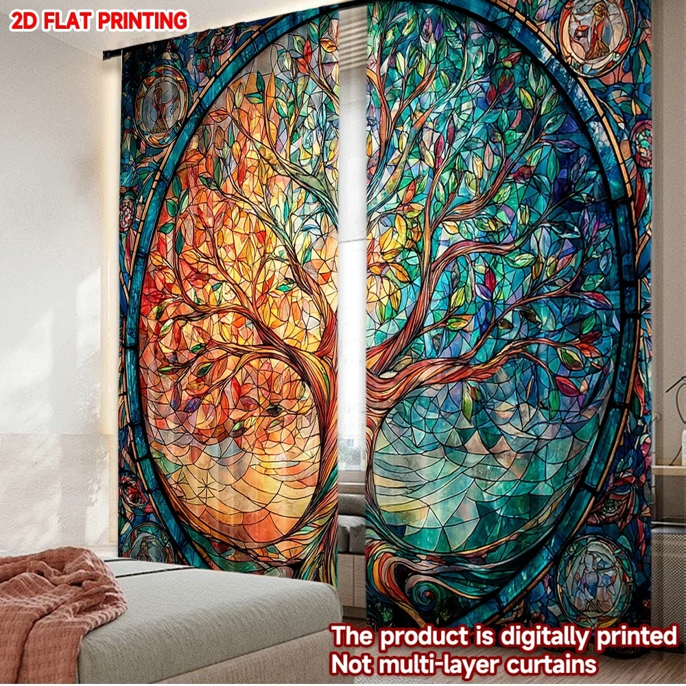 2pcs Stained Glass Tree Curtains  Colorful Orange Blue Forest Pattern with Light Filtering Effect for Modern Living Room