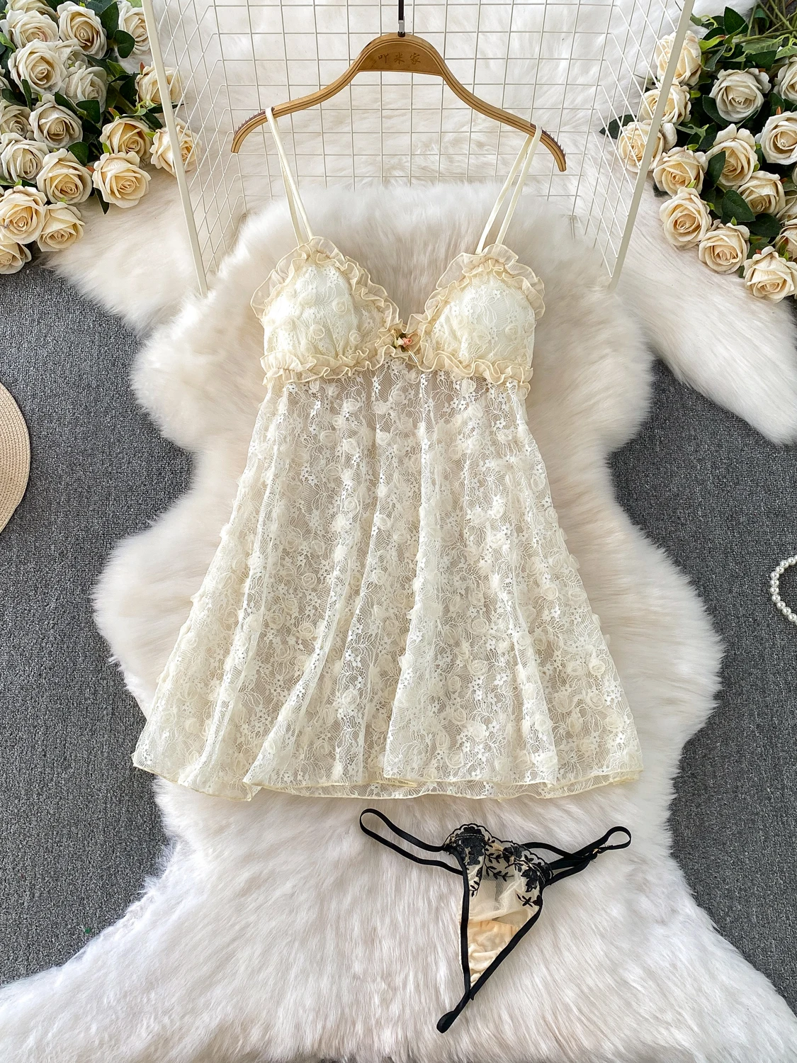 

Pure Desire Sexy Bal Sweet Gored V-ne Strap Dr Women Summer Thin Lace Temptation ort Skirt A-line Gown High Waist