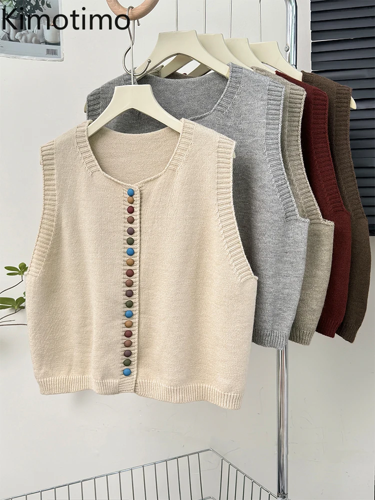 

Kimotimo Fashion Single Breasted Knitted Vest Women 2025 Autumn Round Neck Sleeveless Sweater Coat Casual Solid Overlap Cardigan