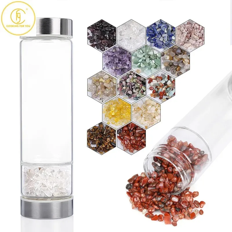 

550ml Big Diameter Crystal Elixir Bottles Multicolor Crystal Water Bottle,Healing Crystal Infuser Energy Water Bottle Wooden Lid