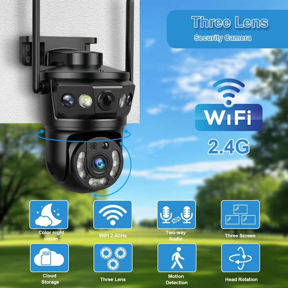 Three Lens WIFI IP Camera Outdoor 9MP Three Screen PTZ Camera Human Detection Smart Home CCTV Video Security Camera Waterproof