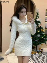 Knitted Woman Dress 2024 Temperament Sweet Robe Femme 2024 Vestidos De Mujer Button Hooded Tunic Fashion Casual Mini Y2k Dresses