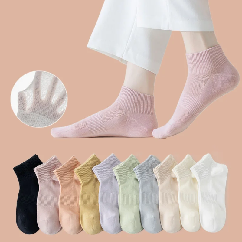 

5/10 Pairs High Quality Summer Thin White Women's Short Socks Sweat-absorbent Ladies Short Tube Boneless Socks Mesh Cotton Socks