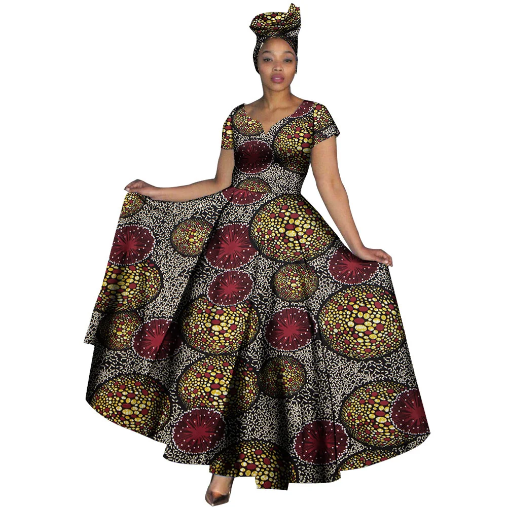 Sale!!! African Dresses Ankara Print V-neck Maix Long Dresses with Head Scarf Dashiki Women Outfits Party Outing New Year Clothe