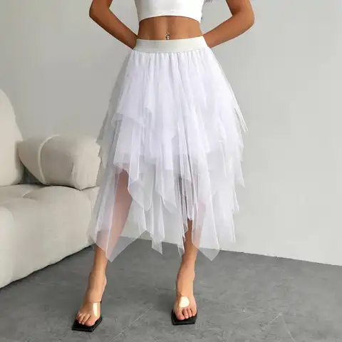 Party Fairy Multilayer Irregular Skirts Women's Tulle Skirt Elastic Waist A-line Midi Tutu Skirt Midi Petticoat Underskirt Dress