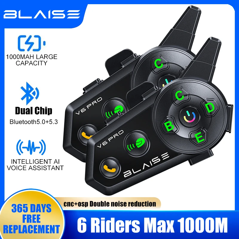 BLAISE V6 PRO Motorcycle Intercom Helmet Bluetooth Headset  6 Rider Distance 1000 Meters Waterproof IP66 Music Player Interphone