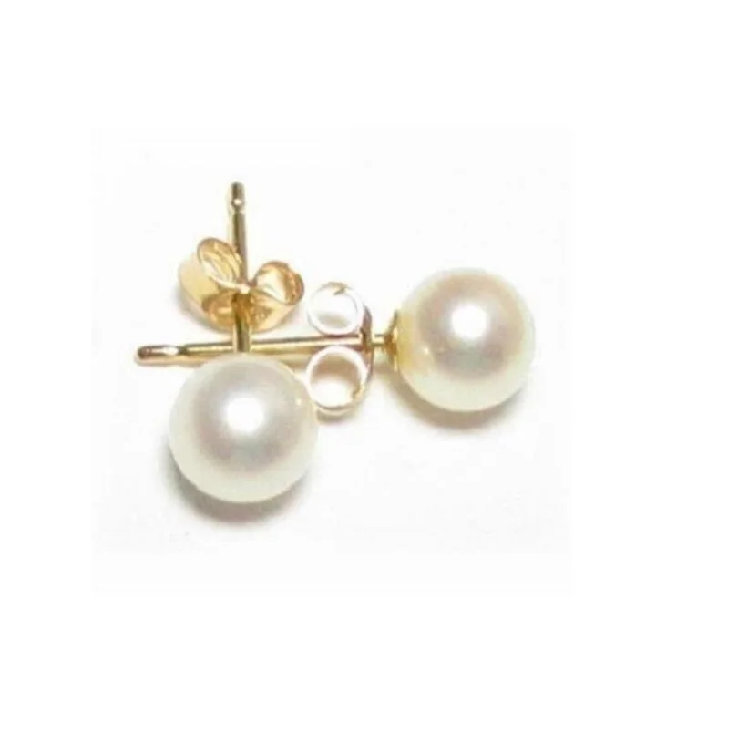 

AAAAA 8-9mm circular natural South China Sea white pearl earrings in 14K gold